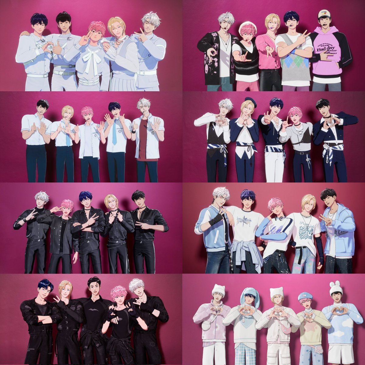 asterumidol's tweet photo. another update of plave with the legendary pink wall, can't believe there are 8 pics already since their debut 🥺💙💜🩷❤️🖤 https://t.co/xAJfRemalr
