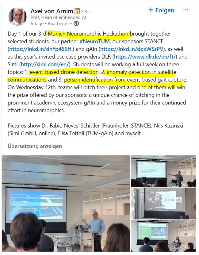 MIAM_Schwan's tweet photo. -> 3rd Munich Neuromorphic Hackathon at fortiss

The winning team presented an original approach to satcom anomaly detection with contrastive learning and implementation on @BrainChip_inc 's Akida 1500 (AKD1500). #BRN #fortiss 🥳 

https://t.co/zugjGB3UW7 https://t.co/A4fcxOm30K