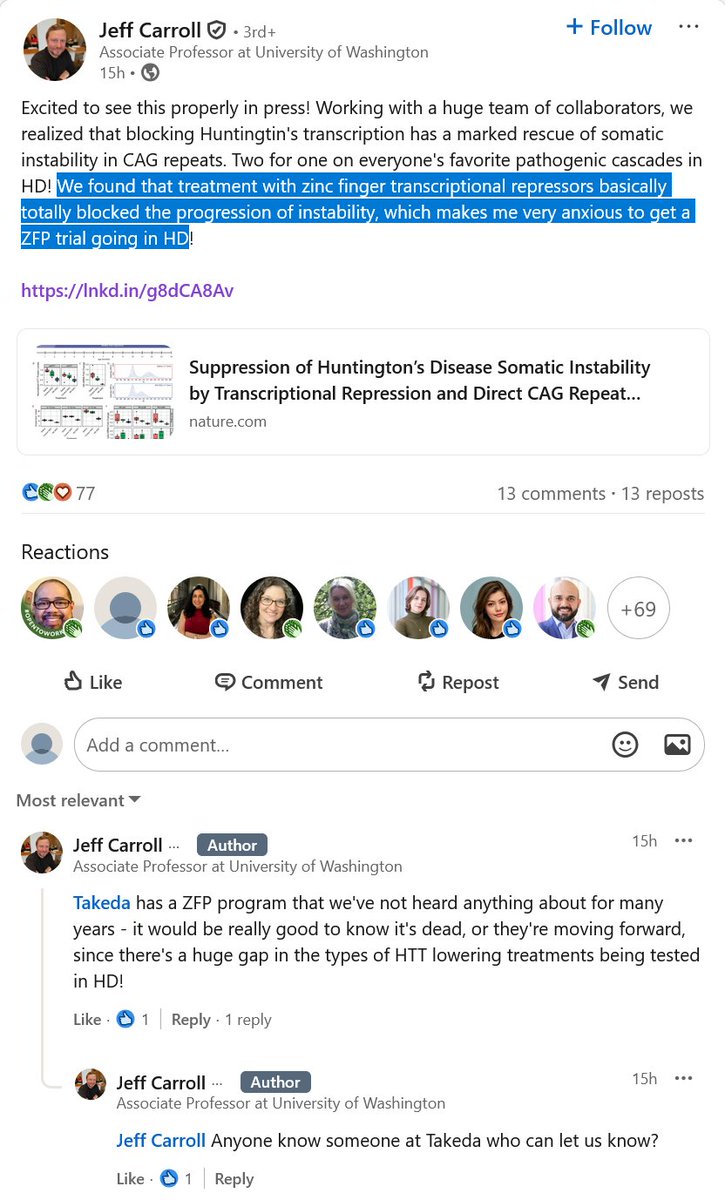 BiotechAnalysst's tweet photo. $SGMO University of Washington says 
#Huntingtons
"We found that treatment  with #zinc #finger transcriptional #repressors basically totally #blocked  the progression of instability, which makes me very anxious to get a #ZFP  trial going in HD"

https://t.co/Pcphjp6wly

re $QURE https://t.co/NolDd1JFnu
