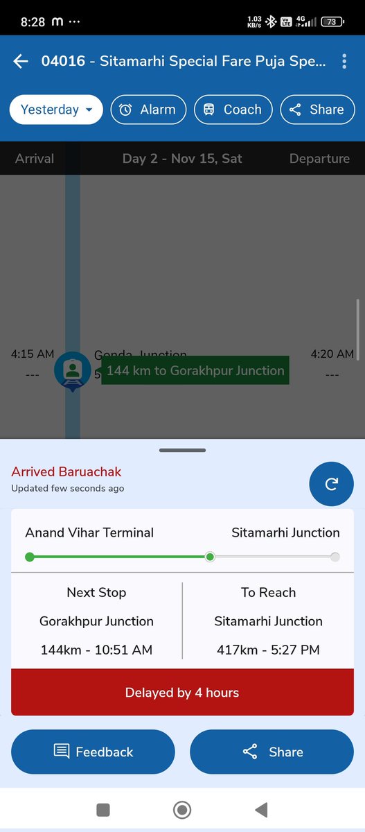 Why the train has been stopped by last 45 min and running delay by 4 hour + now. 

This is specail train so you can make it to delay more and more. 

Why the Special train make delay betweek locknow to Gorakhpur everytime
Pnr - 2244304926
Is there any matter of punctuality or not