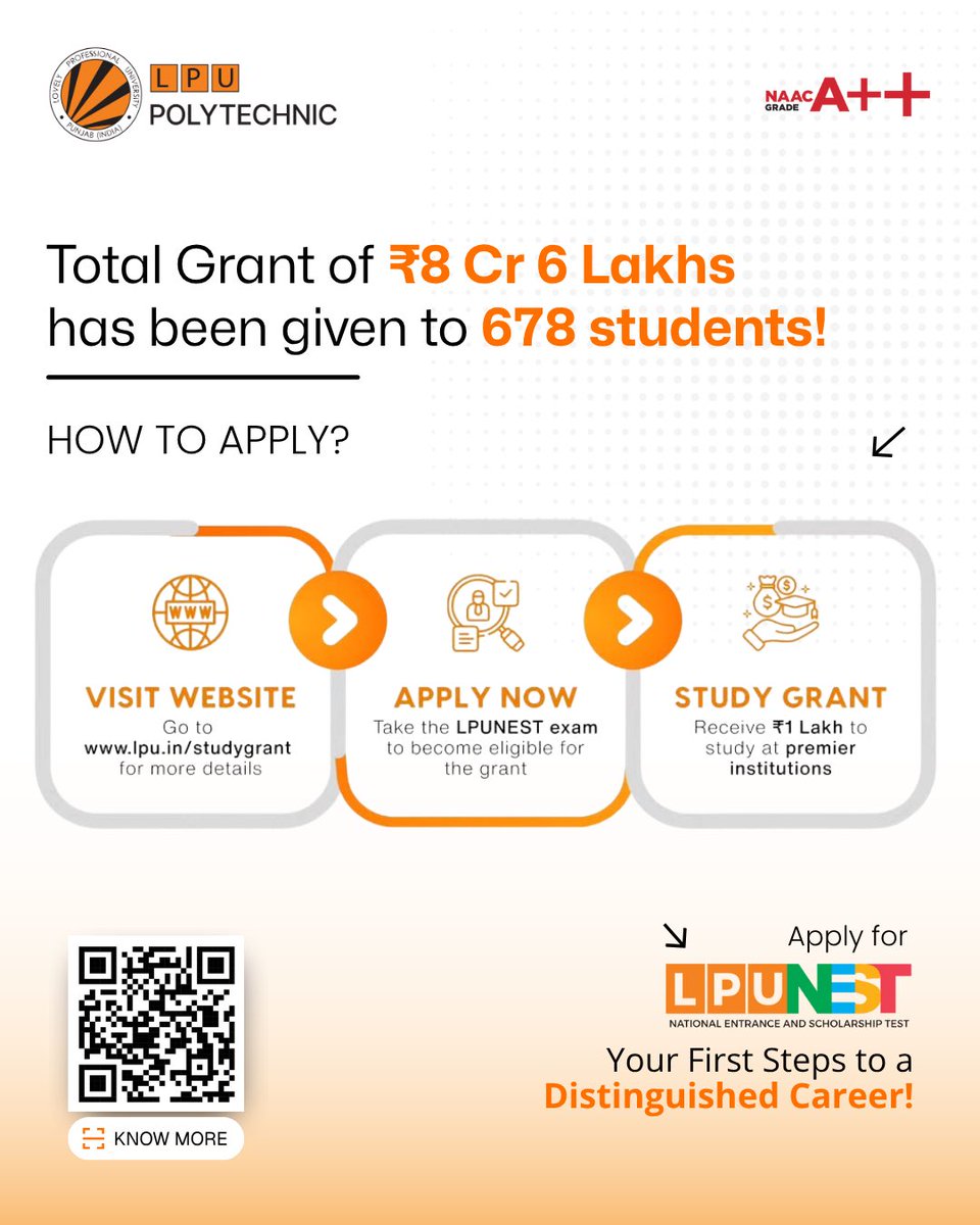 LPUPolytechnic's tweet image. LPU -Lovely Professional University announces a *₹1 Lac Study Grant* for every qualifying student! Eligible to use it at India’s top institutions – IITs, NITs, IIM, NLUs, AIIMS, and more (NIRF‑ranked, Central/State). Apply now for the @lpuuniversity