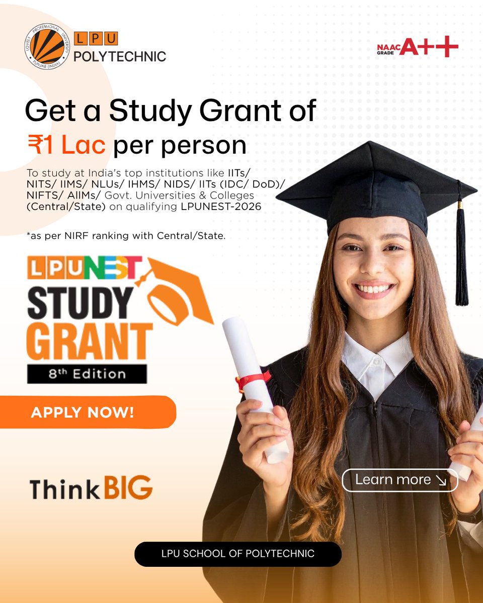 LPUPolytechnic's tweet image. LPU -Lovely Professional University announces a *₹1 Lac Study Grant* for every qualifying student! Eligible to use it at India’s top institutions – IITs, NITs, IIM, NLUs, AIIMS, and more (NIRF‑ranked, Central/State). Apply now for the @lpuuniversity