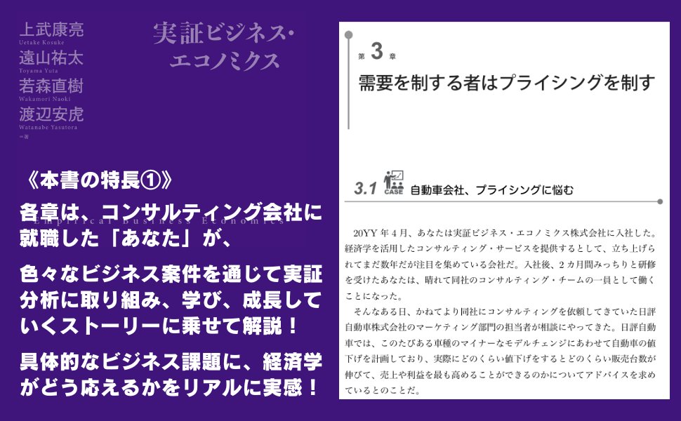 上武康亮・遠山祐太・若森直樹・渡辺安虎/著
『実証ビジネス・エコノミクス』

本書の特長の１つは、分析を行うにあたり、
「どういう問題を考えたくて、どんなデータが使えて、それにはどんな手法が適切で……」

という分析のプロセスを、具体的なビジネス事例に沿って解説する点です！