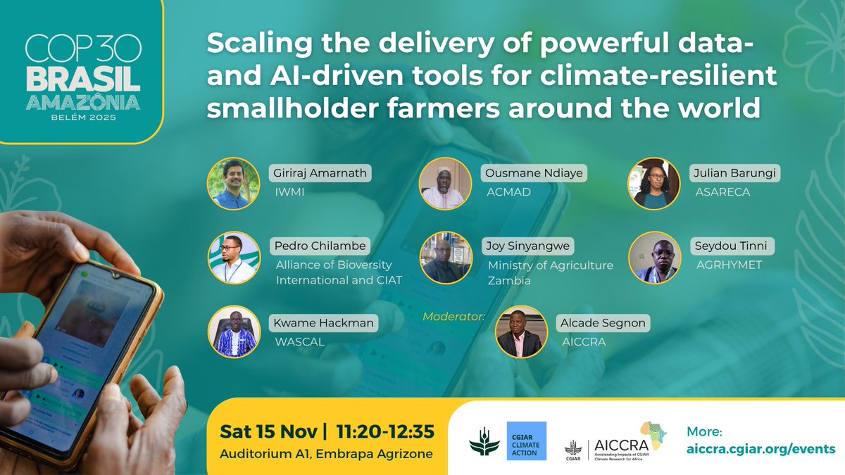 CGIARAfrica's tweet image. TODAY at #COP30 - Data and AI-driven tools for resililence are on our agenda. 

⏰ 15 November | 11:20-12:35 | Embrapa #Agrizone

With @CGIARclimate,  we're sharing real-world examples and interactive talks on strengthening institutional coordination, integrating science with…