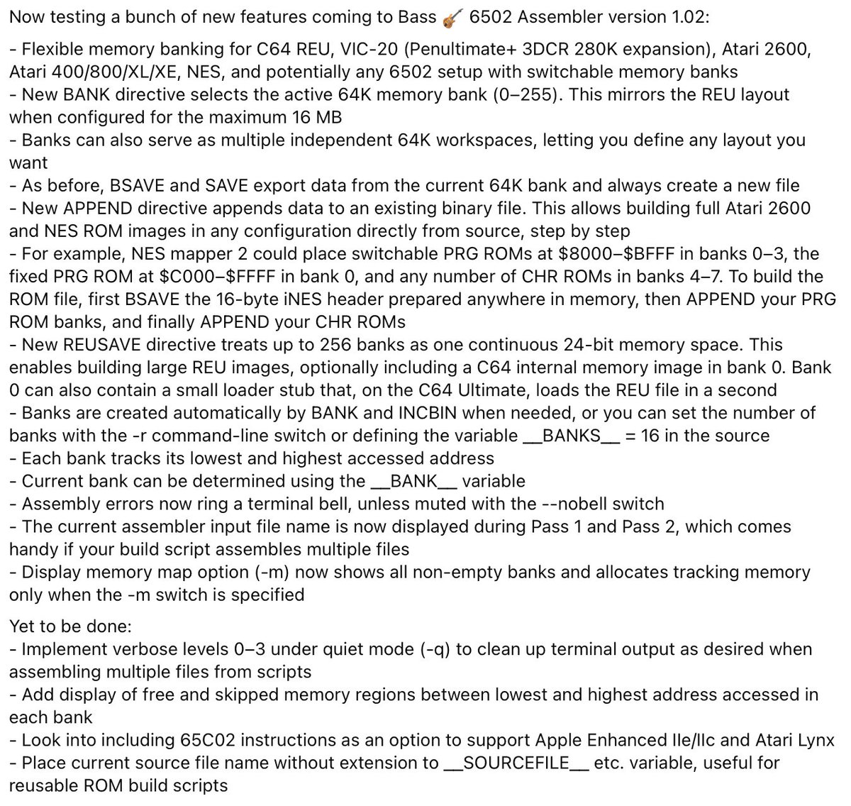 Now testing a bunch of new features coming to Bass 🎸 6502 Assembler version 1.02 #8bit #mos6502