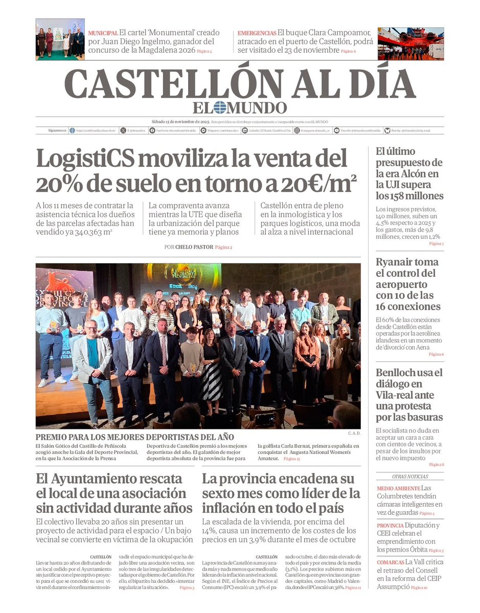 ximogorriz's tweet image. Hoy sábado 15 de noviembre en las #portadasdeCastellón, #comercio #viacrucis #LogistiCS @AjuntCastello @APDCS #deporte #CarlaBernat #Magdalena2026 #avispas #tribunales #inflación @CDCastellon @portcastello @EvaAlconUJI @UJIuniversitat @Ryanair_ES @Aerocastello @J_Benlloch y más