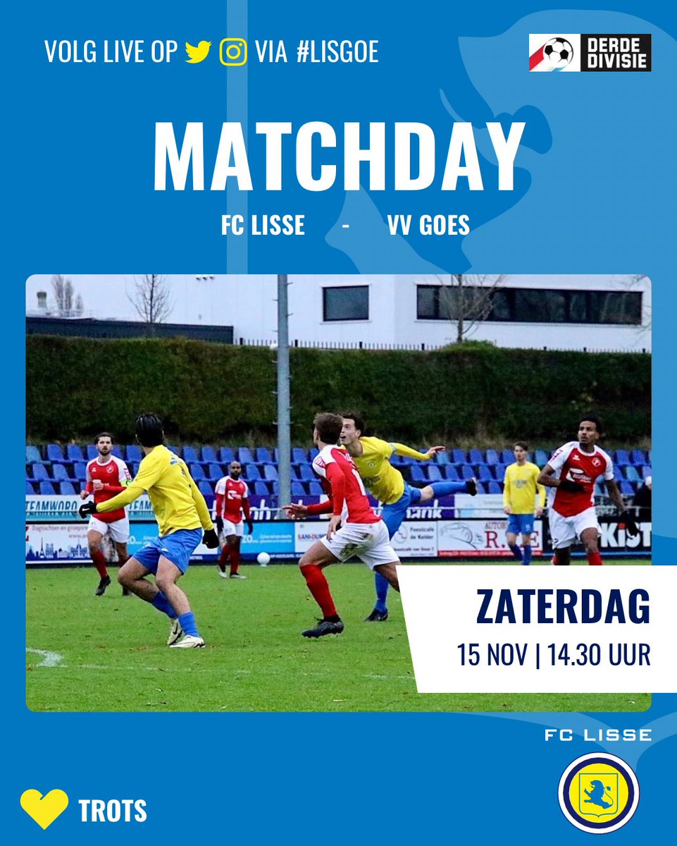⚽️ MATCHDAY | 🟡🔵 ⚔️ 🔴⚪️  | #LISgoe <a href="/vvgoes/">VV GOES</a> 

🎙️ Verslag van de wedstrijd te beluisteren bij <a href="/omroepbo/">Bollenstreek Omroep</a> met onze verslaggever Jankees Faas🎙️

🎤🍻 Aansluitend weer een spetterende ‘LT Afbouw 3e Helft’ in het clubhuis. Met zanger Dave van Schie en DJ Pieter 🍻🎤