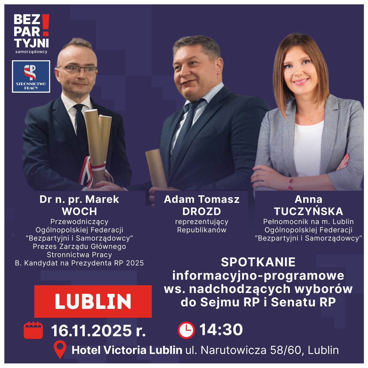 📣Już w niedzielę widzimy się w Lublinie g. 13.00🧐 <a href="/GrzegorzBraun_/">Grzegorz Braun</a>  <a href="/SylwialecSylwia/">Sylwia Lech</a> <a href="/karolina_piku/">Karolina Pikuła</a> #Patrycja Lech #PolskazaPokojem #TakdlaPokoju

A o 14.30 Zapraszamy na spotkanie <a href="/Federacja_BiS/">Ogólnopolska Federacja BEZPARTYJNI I SAMORZĄDOWCY</a> <a href="/SP_Stronnictwo/">Stronnictwo Pracy</a> <a href="/Maciej_Lisowski/">Maciej Lisowski</a>  <a href="/AniaTuczynska/">Anna Tuczyńska</a> 🇵🇱