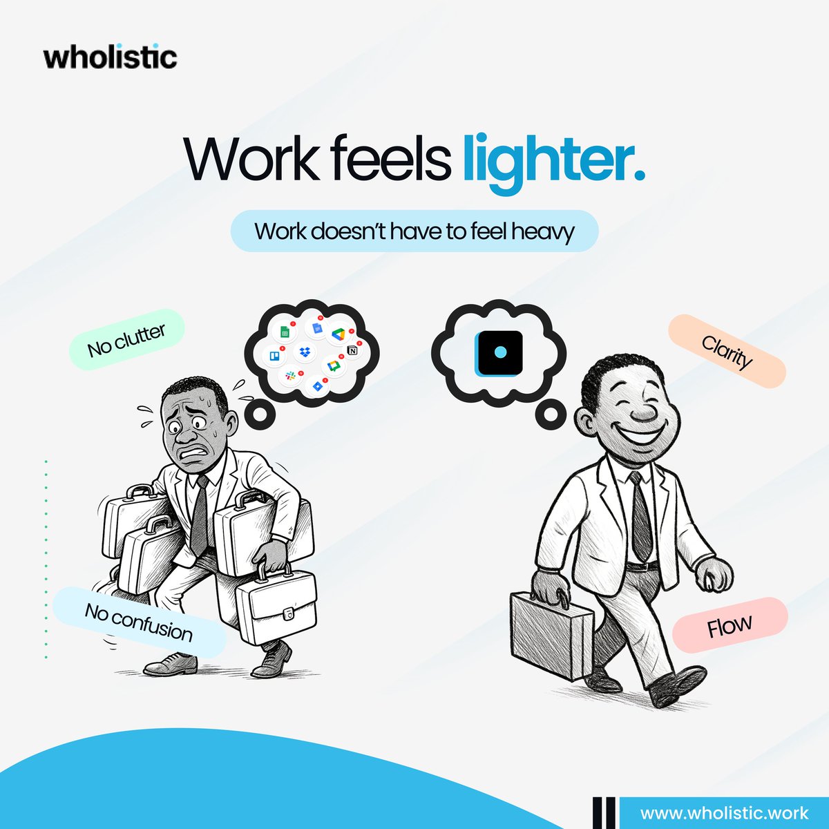 assurdly's tweet image. Work doesn’t have to feel heavy. @WholisticW88244 lightens the load by organising every note, file, and task into one workspace. No clutter, no confusion, just clarity and flow. 

#Simplicity #WorkLight #WholisticWork #CollaborationTools #SmartWork