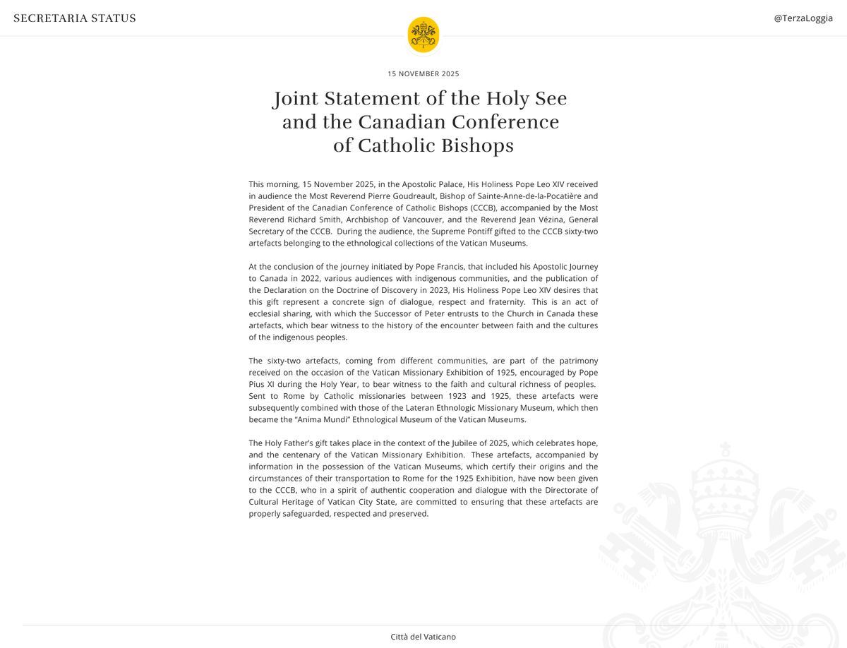 TerzaLoggia's tweet image. Nella mattina di oggi, il Santo Padre Leone XIV ha ricevuto in Udienza alcuni rappresentanti della Conferenza Episcopale del Canada, a cui ha donato  diversi artefatti che testimoniano la storia di incontro tra la fede e le culture dei popoli indigeni.