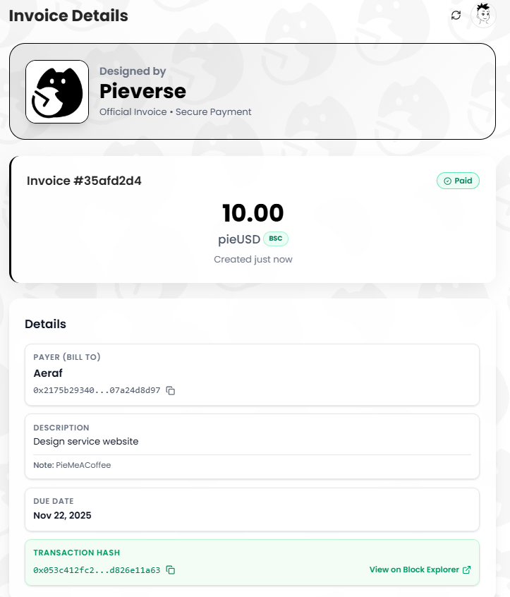 Here's My First Payment Receipt for <a href="/pieverse_io/">pieverse</a> Airdrop.

#Pieverse #PieMeACoffee #x402