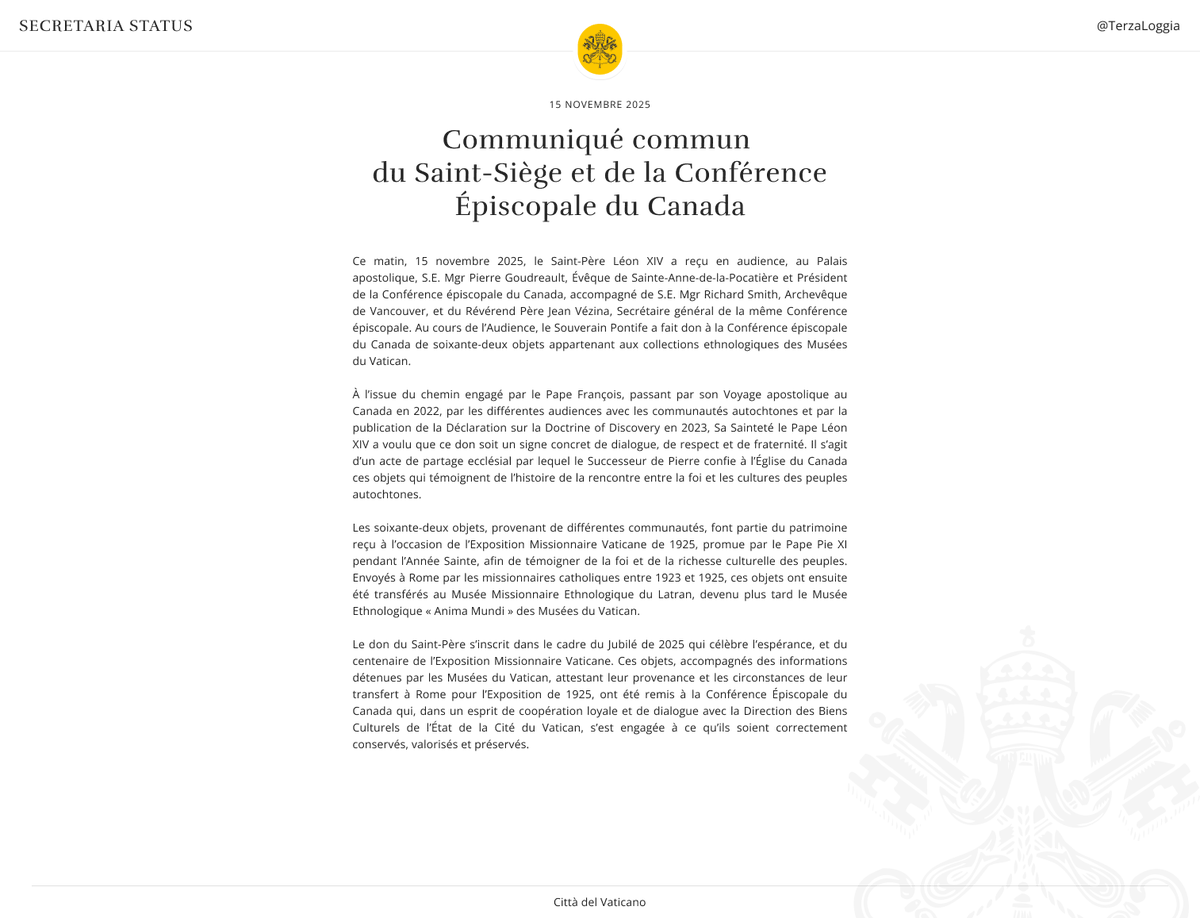 TerzaLoggia's tweet image. Nella mattina di oggi, il Santo Padre Leone XIV ha ricevuto in Udienza alcuni rappresentanti della Conferenza Episcopale del Canada, a cui ha donato  diversi artefatti che testimoniano la storia di incontro tra la fede e le culture dei popoli indigeni.