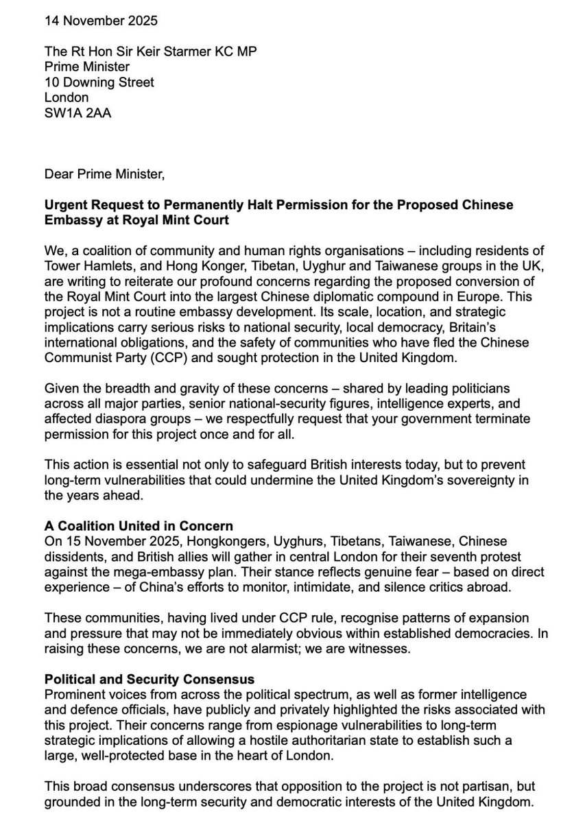 clarawanchai's tweet photo. @10DowningStreet 
*Urgent Request to Permanently Halt Permission for the Proposed Chinese Embassy at Royal Mint Court*
Dear Prime Minister,
We, a coalition of community and human rights organisations… https://t.co/MHXWMvXWIh