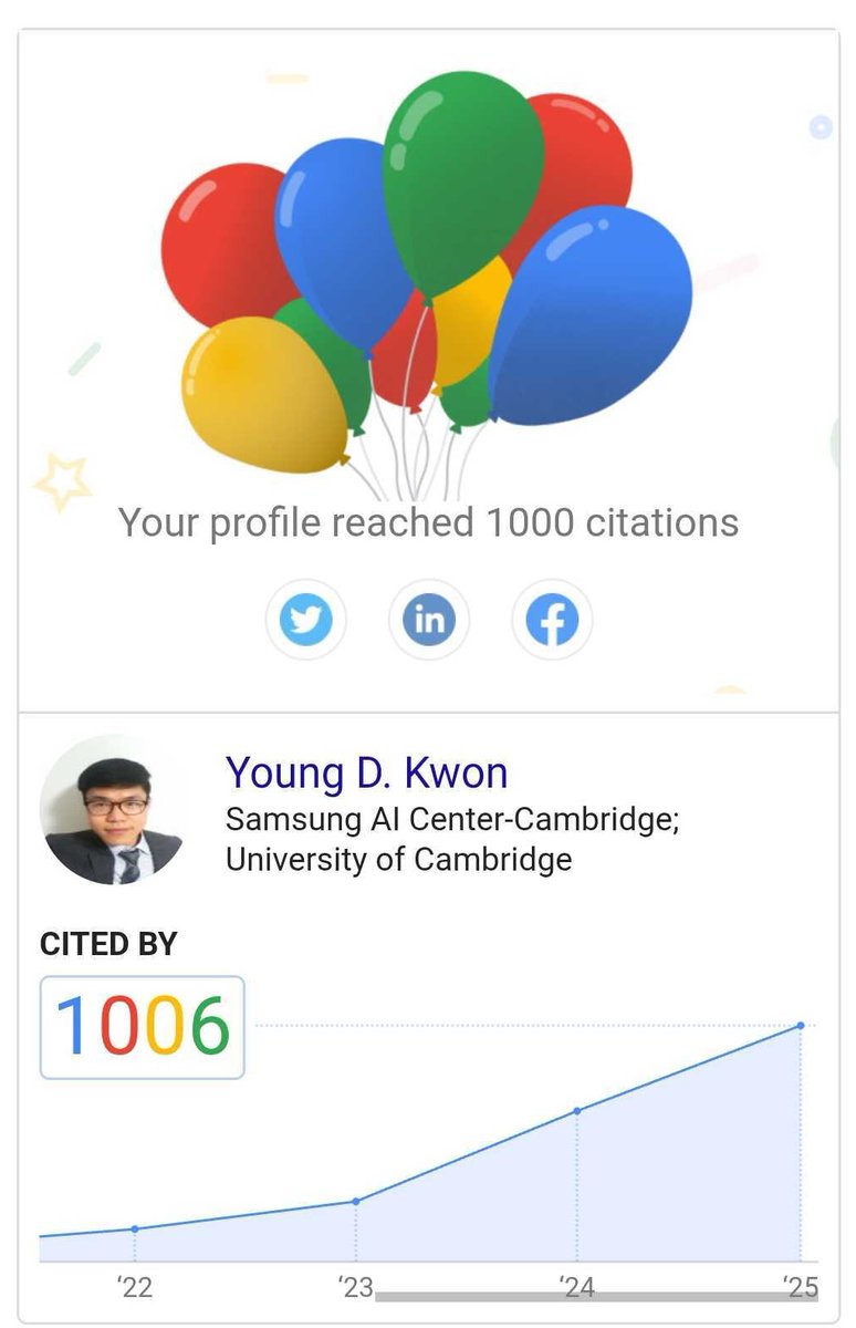 YoungDKwon1's tweet image. 🎈Grateful to reach 1,000 citations on Google Scholar.

I want to thank my collaborators, mentors at Samsung AI Centre-Cambridge and the University of Cambridge, and the research community who have engaged with this work.

#GoogleScholar #Research #EdgeComputing #GenAI