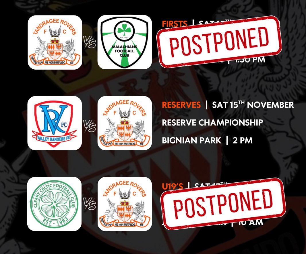 Todays u19 and first team games have both been postponed due to waterlogged pitches. Reserves away to Valley still on.