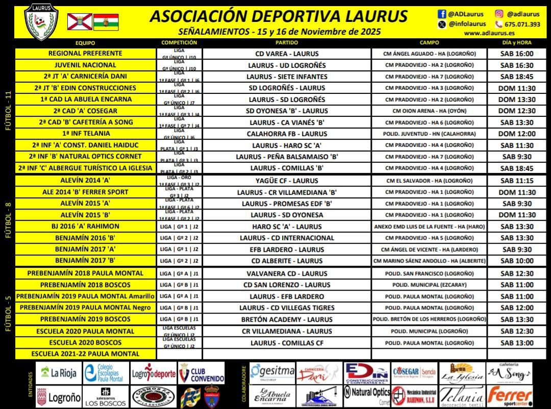 📝 AGENDA LAURUS 
15-16 Noviembre 

Con el comienzo de los Juegos Deportivos <a href="/lariojaorg/">Gobierno de La Rioja</a> en fútbol sala, todos los equipos del club ya están en competición.

¡Mucha suerte 🍀 a todos!

¡VAMOS LAURUS!

💛🖤💛🖤

#SomosLaurus🐝
#SomosCantera🐝