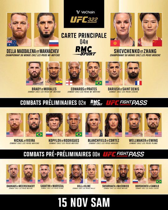 Yellow and black UFC 322 event poster with Vechain sponsor logo at top featuring headshots of fighters Dricus du Plessis and Khamzat Chimaev labeled as middleweight championship bout alongside Zhang Weili and Valentina Shevchenko for strawweight title below main card section with Brad Tavares England flag Edwards Brazil flag Moraes Portugal flag and others in undercard prelims including Nick Diaz Brazil flag Vicente Luque and women fighters like Blanchfield Cortez with French text for card sections and date 15 nov sam at bottom.
