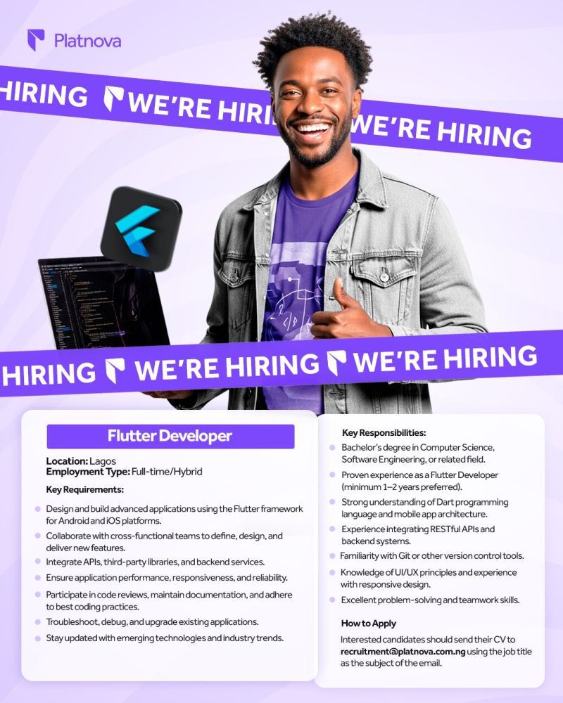 JobkonnectaNG's tweet image. We’re growing, and we’re looking for a Flutter Developer to join the team building the future of global finance at Platnova. 🚀

passionate about clean code, smooth performance, and elegant UI

📍Lagos | 💼 Full-time/Hybrid

Apply now : recruitment@platnova.com.ng

Oshimen
