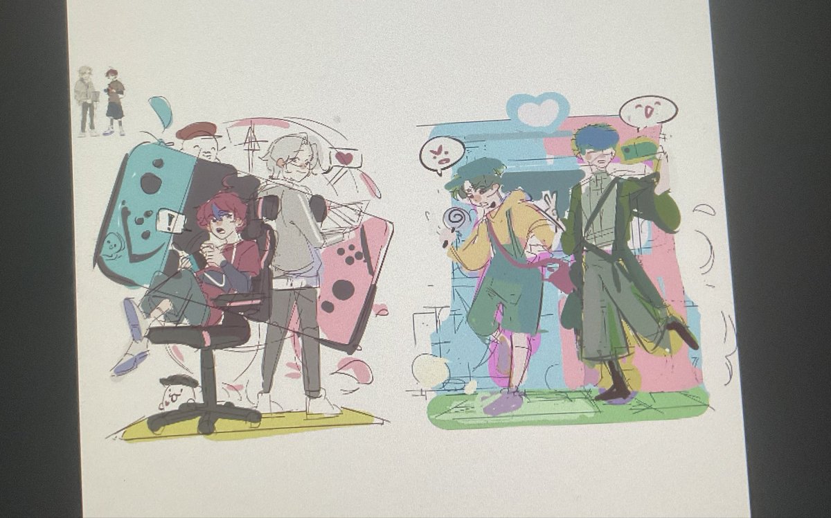 lumeloops's tweet image. Doing a 180 from the last yugaku and eitaku stuff and just drawing more uh wholesome stuff? Idk modern nintendo switch gamer eitaku and ddr yugaku standees cuz brain is empty #hndr_FA