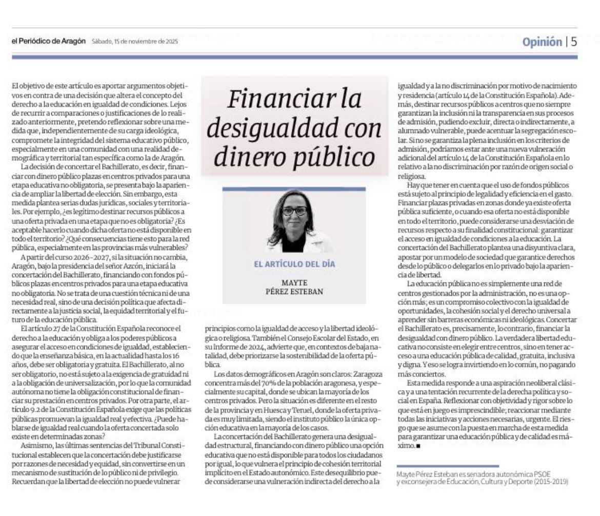 MaytePerez2's tweet photo. Comparto el artículo que me publica  @periodicoaragon sobre las nefastas consecuencias de concertar el Bachilletato y de como puede vulnerar  principios constitucionales básicos como la igualdad y no discriminación. La medida es de más calado de lo que parece. La reacción debe ser contundente y rápida.