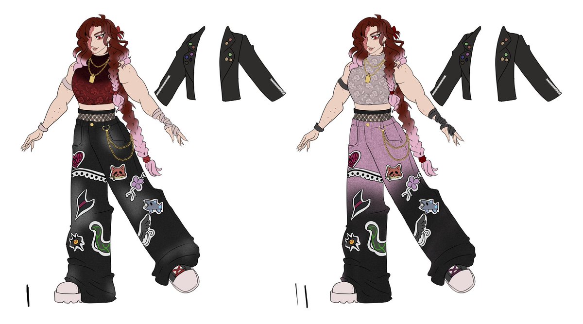 GalaRealm's tweet image. Design my human design. 
The patches of my vtuber kids really was a hit with my discord.
Still figuring out some colorways but these are the finalist  #vtuber #vtuberdesign #art #wip