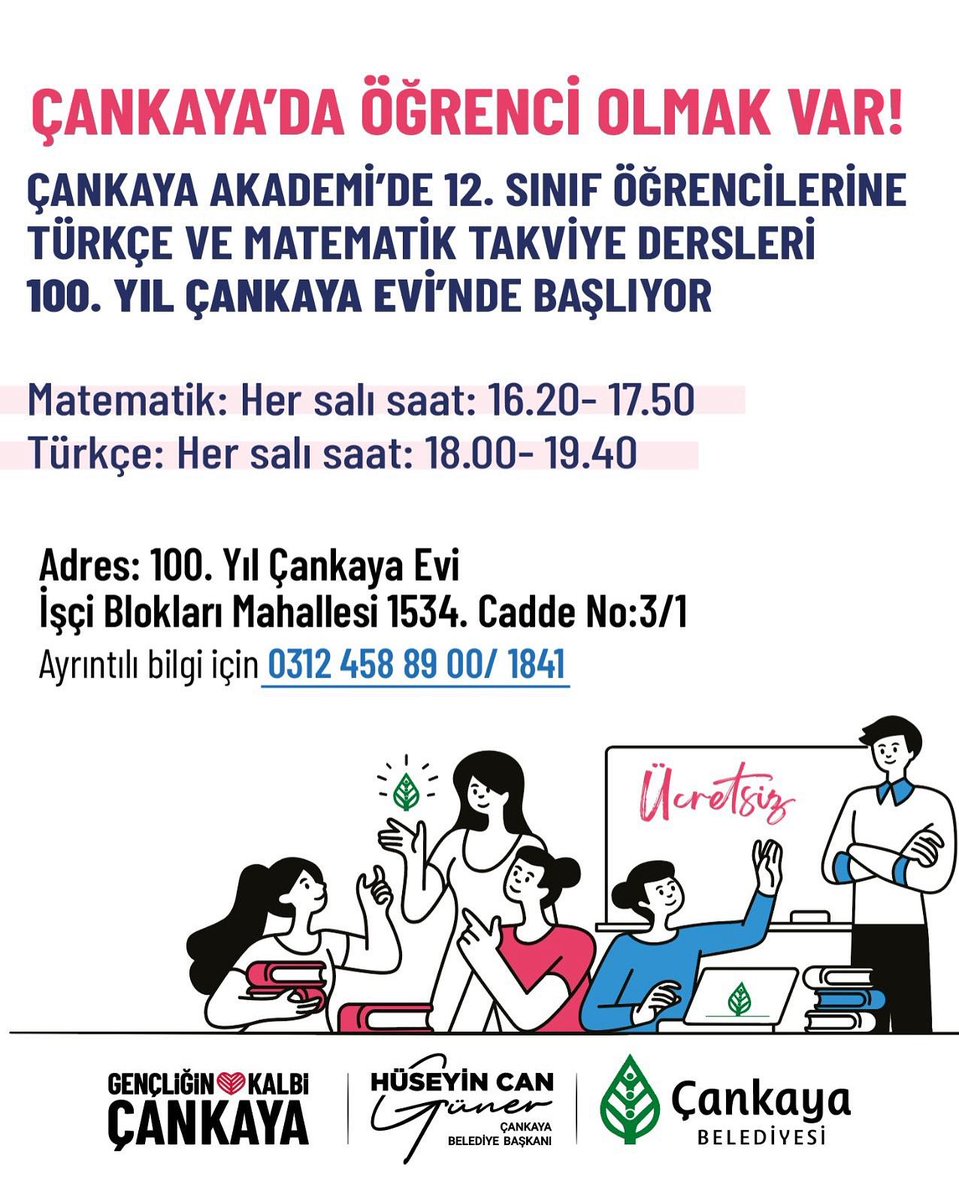 📚Çankaya’da Öğrenci Olmak Var!

12. sınıf öğrencilerine özel ücretsiz Türkçe ve Matematik takviye derslerimiz başlıyor!

Matematik: Her salı 16.20 – 17.50
Türkçe: Her salı 18.00 – 19.40

📍 100. Yıl Çankaya Evi (İşçi Blokları Mahallesi 1534. Cadde No: 3/1)

☎️ Ayrıntılı bilgi: