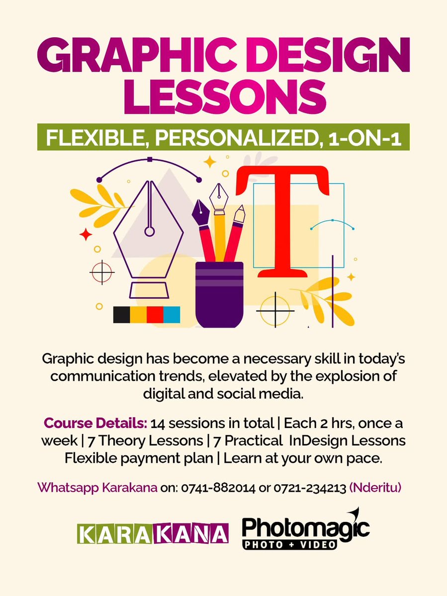 KarakanaOnline's tweet image. You want to get into graphic design but you’re not sure where to start?
Don’t worry we’ve made it simple, flexible, and actually fun! With our 1-on-1 Graphic Design Lessons.
WhatsApp us on 0741-882014 or 0721-234213 to join!
#GraphicDesign #DesignLessons #Karakana #Photomagic