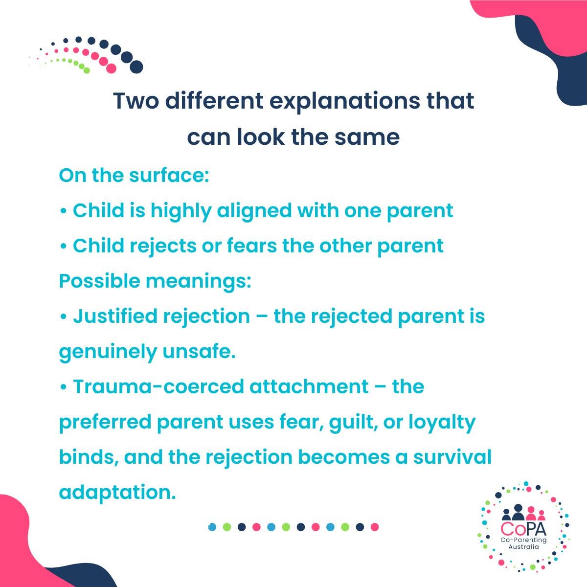 midgetmummsie's tweet image. Thank you @amandasillars

WHY it is so important to look beyond how a child behaves after separation of their parents.

Alignment and rejection are clinical indicators, not conclusions.

#family #coparenting #coercivecontrol #childprotection

facebook.com/share/p/1X9xk8…