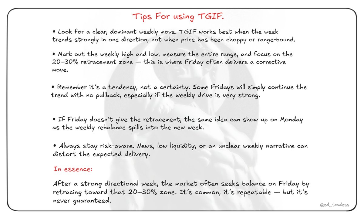Ed_tradess's tweet photo. You will never need to study ICT T.G.I.F Model again.

I am using this model for years now and I have compressed everything I know in this post.

Thank you @I_Am_The_ICT for such phenomenal concepts. 

#ICT #TGIF https://t.co/jijYDv2p5e