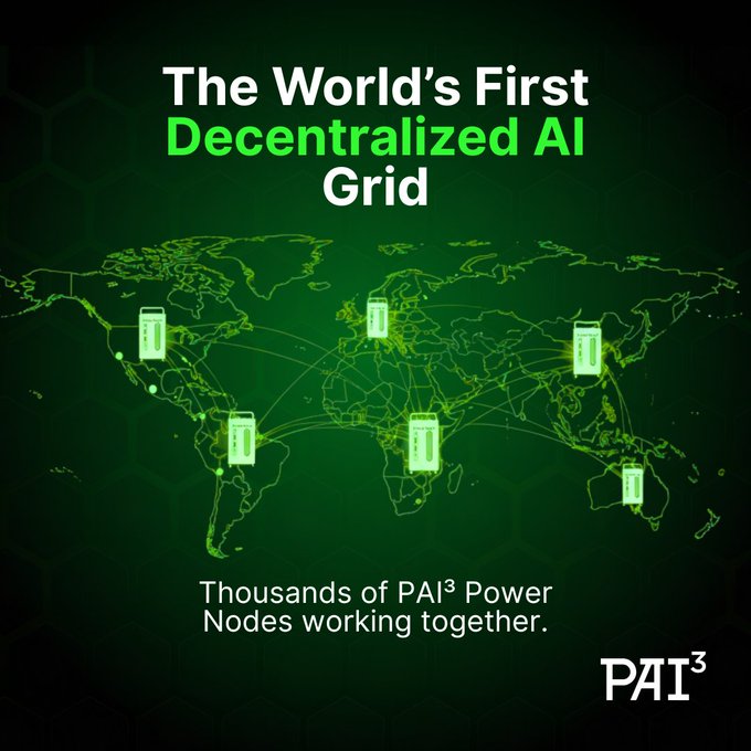 Green tinted world map background with glowing green hexagonal nodes positioned at various global locations connected by green lines forming a network grid white text overlay reads The Worlds First Decentralized AI Grid and Thousands of PAI3 Power Nodes working together with PAI3 logo in bottom right corner