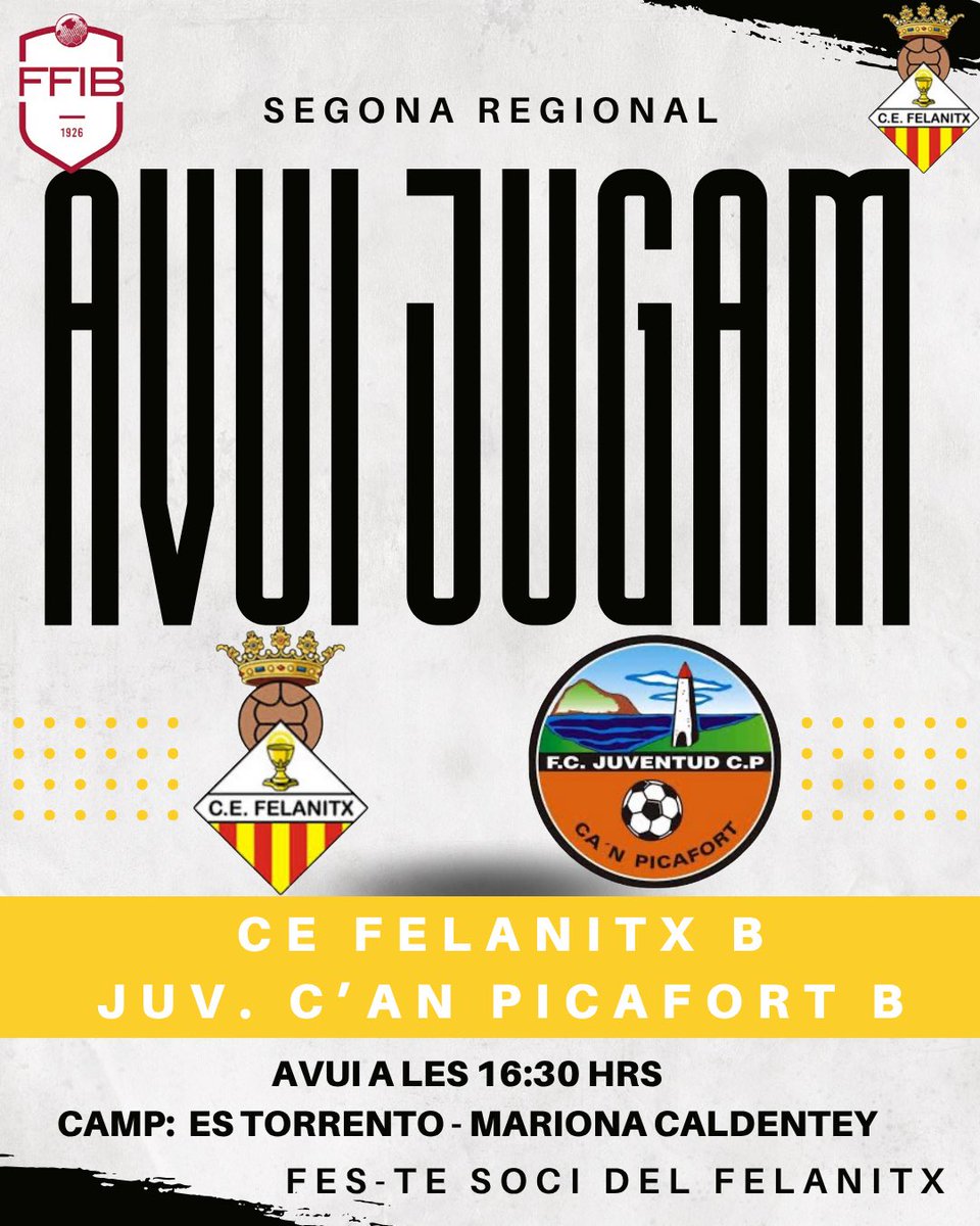 cefelanitx's tweet image. 𝗔𝘃𝘂𝗶 𝗷𝘂𝗴𝗮𝗺! 

👉 Jornada 9 - Segona Regional grup B 

🆚 Juv C’an Picafort B  ⏰ 16:30 

🏟️ Es Torrentó - Mariona Caldentey 

🤍 El filial torna a jugar a casa i volem continuar sumant 

🗣️ Vamos Fela! 

#vamosfela #orgullfelanitxer