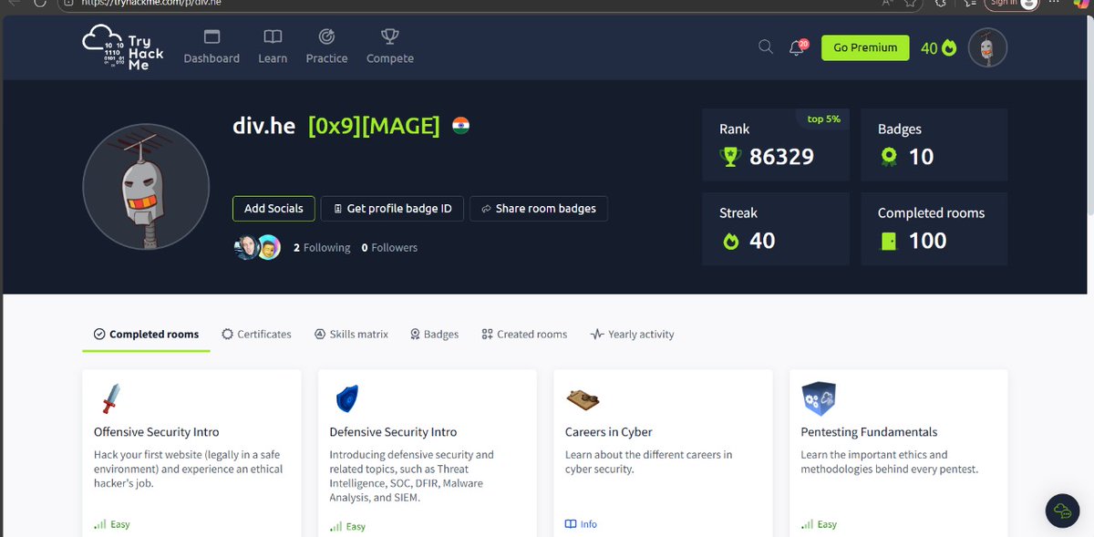 DivBish's tweet image. Excited to share that I now rank among the top 5% on TryHackMe, after completing 100 rooms. This journey has strengthened my practical cybersecurity skills and continues to motivate me toward deeper learning.

#Cybersecurity #TryHackMe #ContinuousLearning