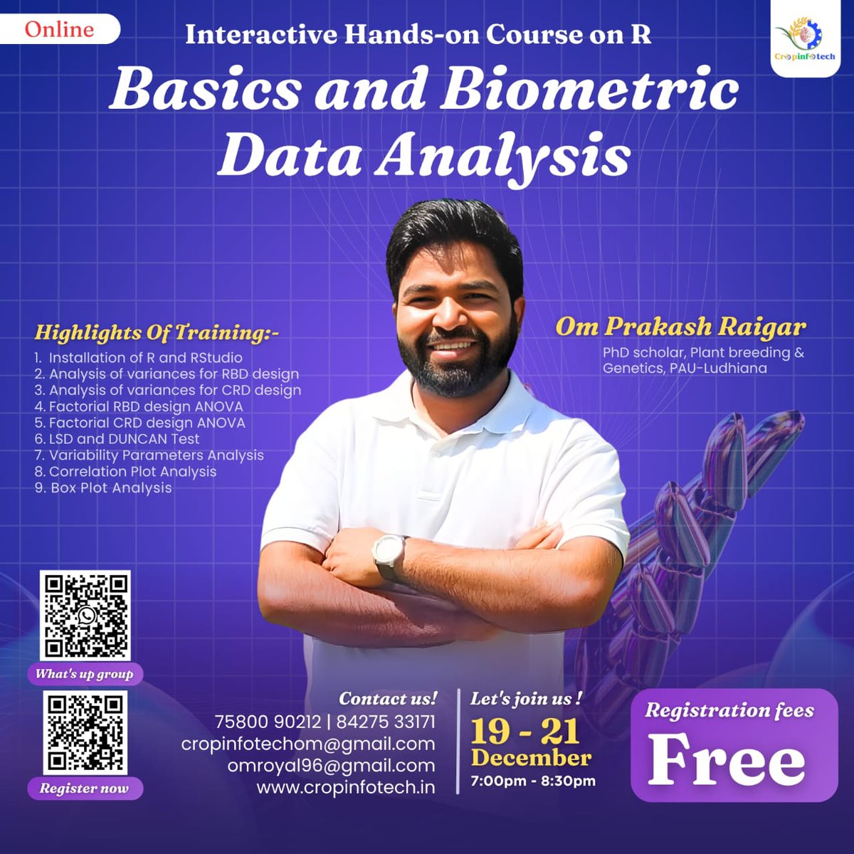 🚀  Register Now &amp; Secure Your Seat!
cropinfotech.in
#RegisterNow #RTraining #BiometricAnalysis #CropInfotech #AgricultureResearch #DataScienceForAgri #RStudio #ResearchSkills
#RTrainingProgram
#BiometricAnalysis
#AdvancedRSkills
#RProgrammingLanguage
#AgriResearchExperts