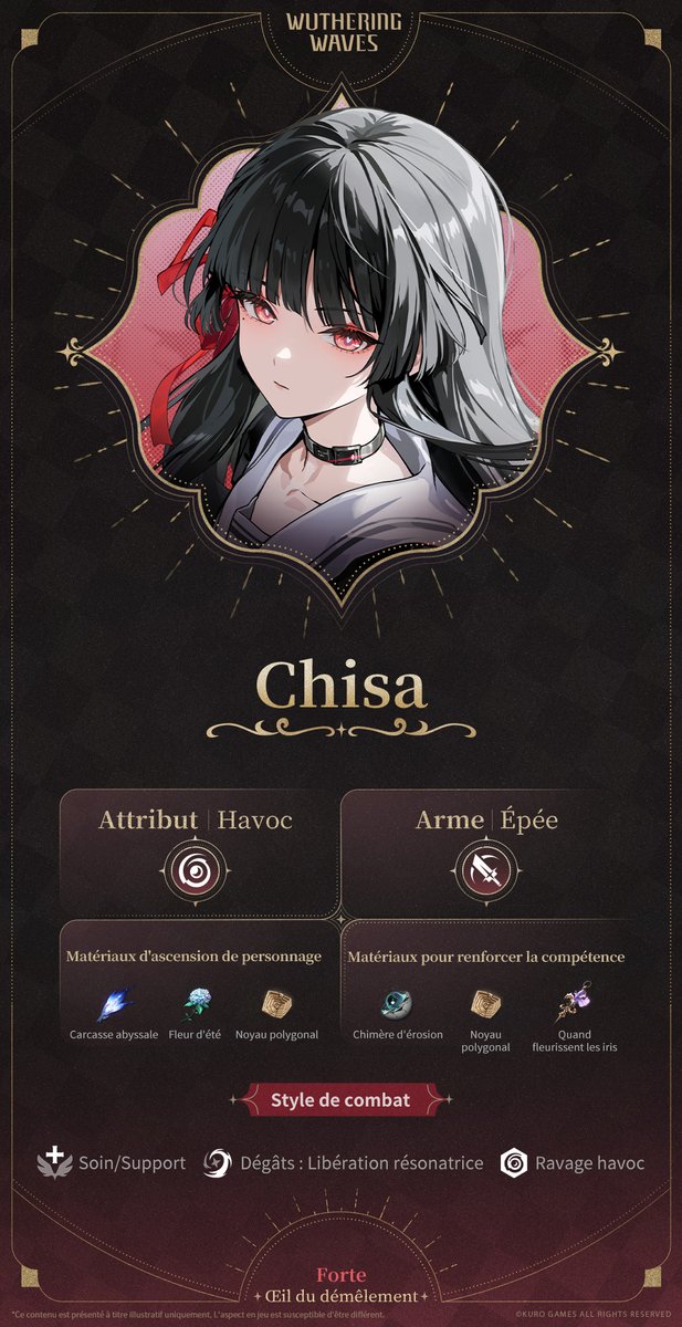WW_FR_Official's tweet image. Info du personnage | Œil du démêlement - Chisa

Chargement des données&amp;gt;&amp;gt;&amp;gt;
✦Chisa✦
« Une étudiante ordinaire. »
Elle se présente calmement, une lueur irisée scintillant dans ses yeux. Une fois de plus, les structures du monde se révèlent à elle. En plissant les yeux, elle isole…