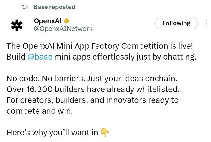 niapulse's tweet image. The OpenxAI Mini App Factory Competition is live!
Build BASE mini apps effortlessly just by chatting.

» openxai.org/base-mini-app-…
»  Connect Your Wallet &amp;gt;
» Subscribe