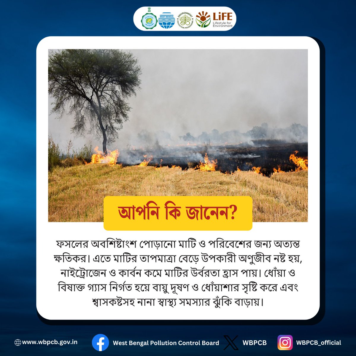 WBPCB's tweet image. ফসলের অবশিষ্টাংশ পোড়ানো মাটি, পরিবেশ ও স্বাস্থ্যের জন্য অত্যন্ত ক্ষতিকারক—তাই এ কাজ থেকে অবশ্যই বিরত থাকা উচিত।

#wbpcb #cleanair