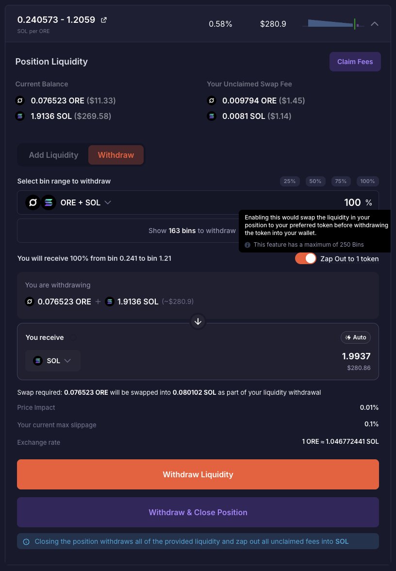 Met_diary's tweet photo. If you didn’t know, when closing a position you can automatically convert the token into SOL. To do this, select your position, then inside the position menu, next to the Add liquidity button, click Withdraw button. There you’ll see the Zap Out to 1 token switch.

Few points: https://t.co/QRoVFpmNlI