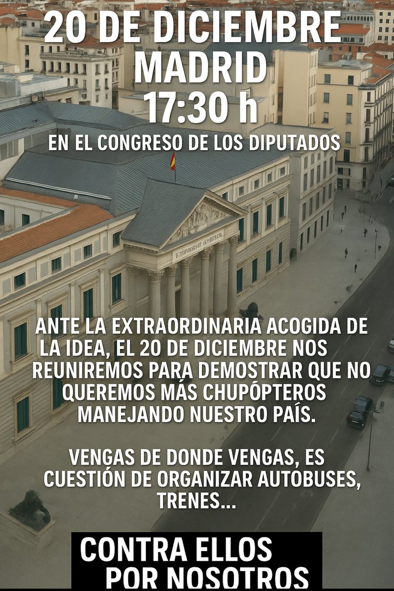 20 DE DICIEMBRE MADRID 17:30 h EN EL CONGRESO DE LOS DIPUTADOS…. “Todos contra ellos, por nosotros” 

Ante la extraordinaria acogida de la idea, el próximo 20 de diciembre podremos evidenciar a todos los chupopteros que no los queremos. Contra todos los políticos,  YA BASTA !!!!