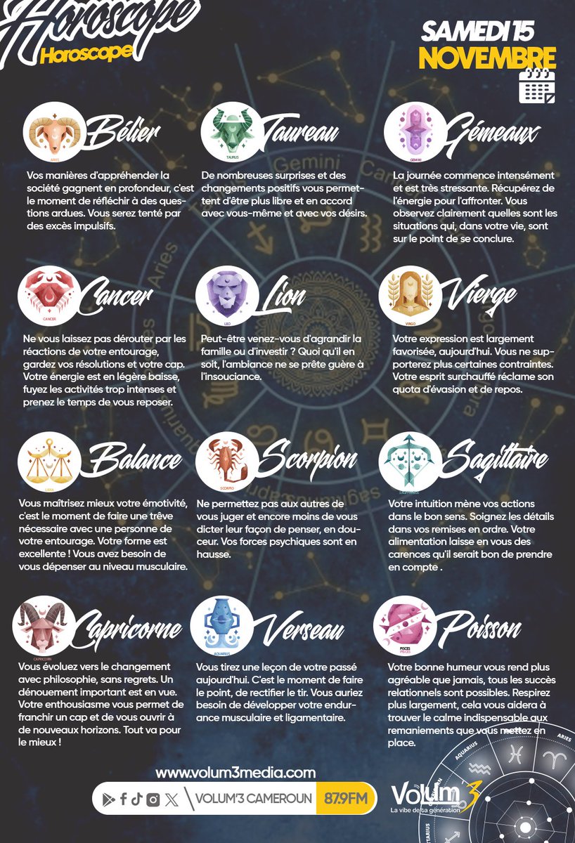Volum3Cameroun's tweet image. 🌌L&apos;Horoscope du jour ___ Ce samedi, les astres se rassemblent dans une danse subtile qui inspire renouveau et confiance. 

 Que les étoiles vous guident avec douceur.

#LaVibeDeTaGeneration
#horoscopedujour
#hellonovember
#sweetnovember