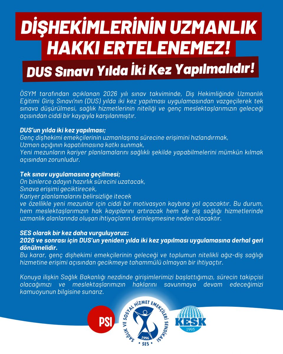 sesgenelmerkezi's tweet image. 📣Diş Hekimlerinin Uzmanlık Hakkı Ertelenemez!

DUS Sınavı Yılda İki Kez Yapılmalıdır!

ÖSYM tarafından açıklanan 2026 yılı sınav takviminde, Diş Hekimliğinde Uzmanlık Eğitimi Giriş Sınavı’nın (DUS) yılda iki kez yapılması uygulamasından vazgeçilerek tek sınava düşürülmesi,…