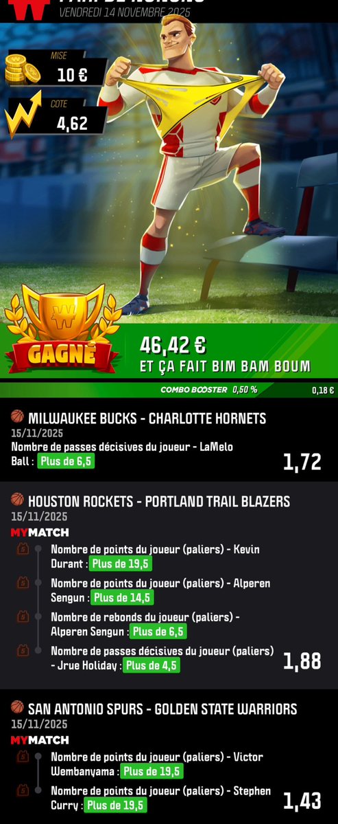 FastBreakTips's tweet image. Petit combo #NBA histoire de 
Pour suivre, 

 @ 4,62 💰 Max 0.5u ✅✅✅

RT ♻️/ Fav ❤️ si ta suivi 
#TeamParieur #FastBreakTips