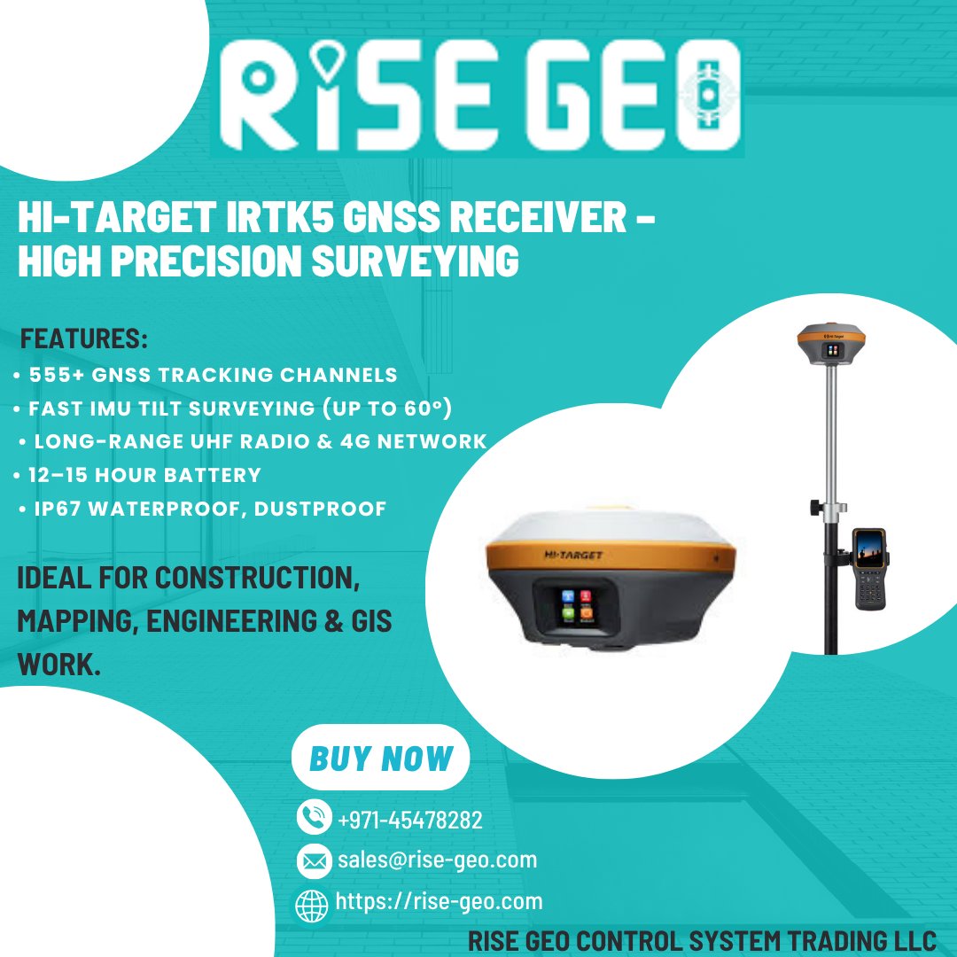 rise_trading's tweet image. Hi-Target iRTK5 GNSS Receiver
✔ 555+ Channels
✔ 60° Tilt IMU
✔ 4G + UHF Radio
✔ 12–15 hr battery
✔ IP67 Protection
Fast, stable, and precise for all surveying applications.
📞+971-45478282 | sales@rise-geo.com
 rise-geo.com
#HiTarget #iRTK5 #GNSS #SurveyEquipment