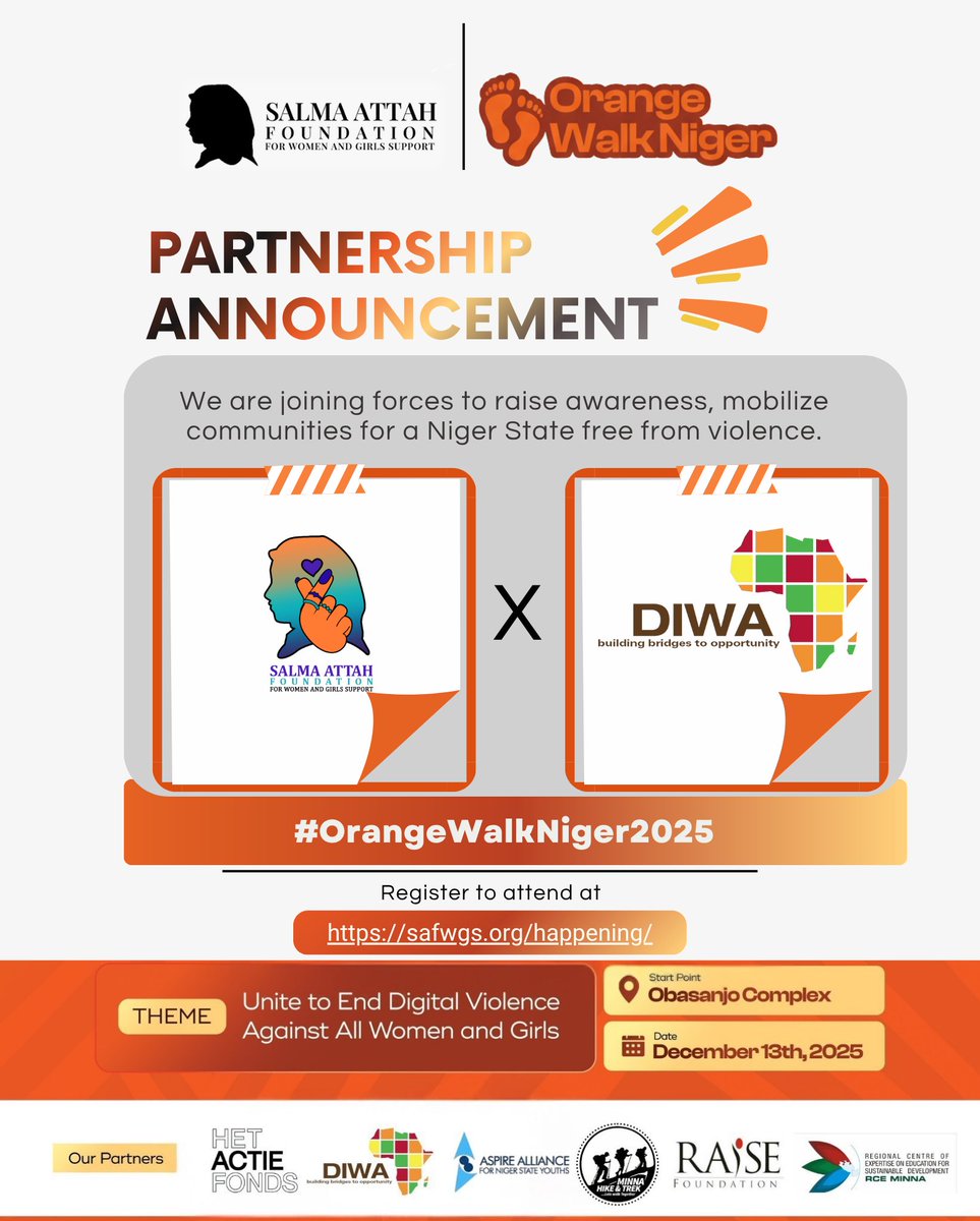This year’s #OrangeWalkNiger is powered by organisations that believe in dignity and safety for all women and girls working hand-in-hand to mobilise communities against GBV. 
Thank you @diwa_africa for standing with us to make OWN 2025 louder.

#safwgs #safesisi #16daysofactivism