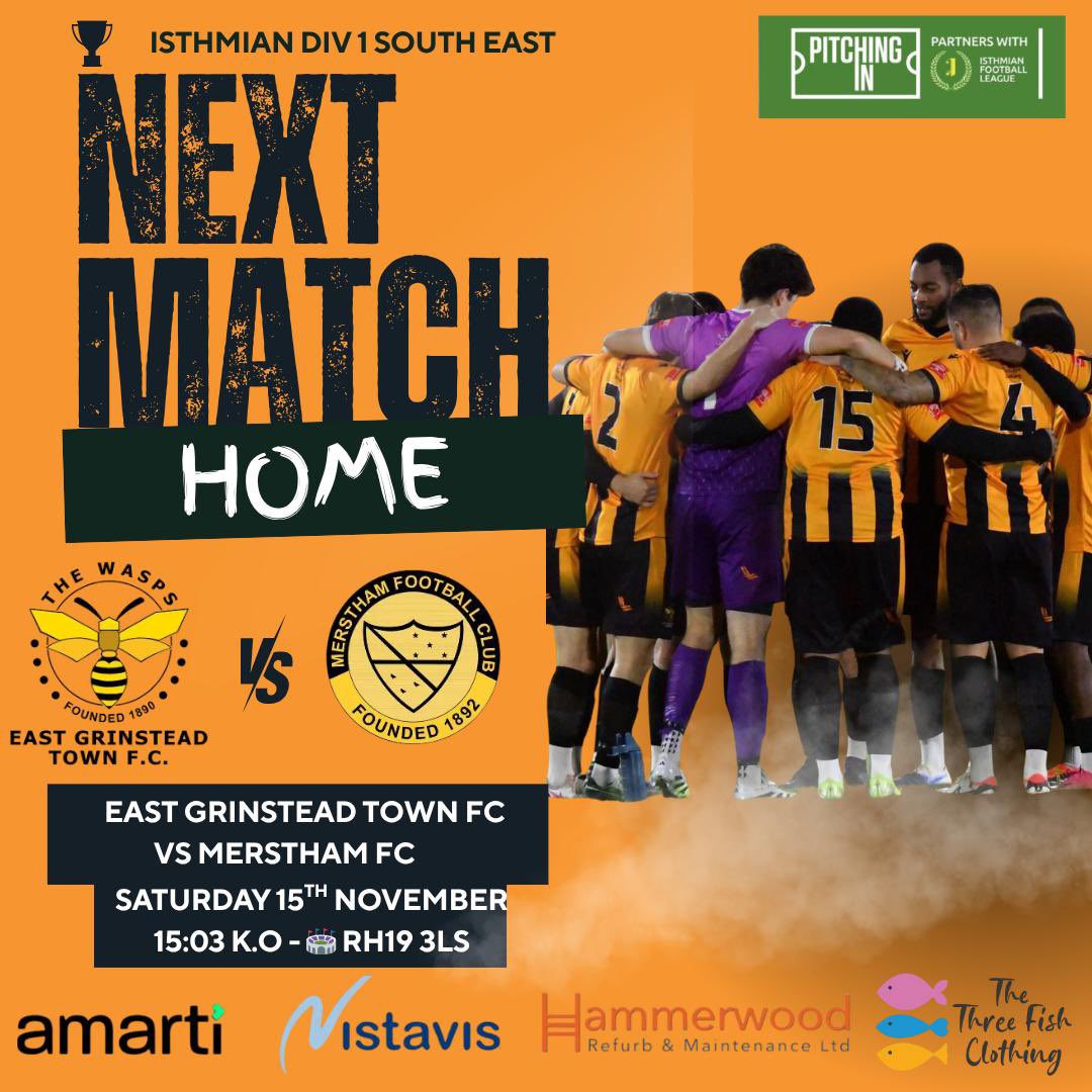 It’s MATCH DAY!! ⚽️🐝

Come along and support the boys! 

🏆 <a href="/IsthmianLeague/">The Pitching In Isthmian League</a> 
🆚 <a href="/MersthamFC1892/">Merstham FC (Official)</a> 
📆 Sat 15th Nov, 3.03pm
🏟 RH19 3LS

Note: 3.03pm kick off in aid of the 3 up campaign! 

#COYW 🐝🐝🟠⚫️