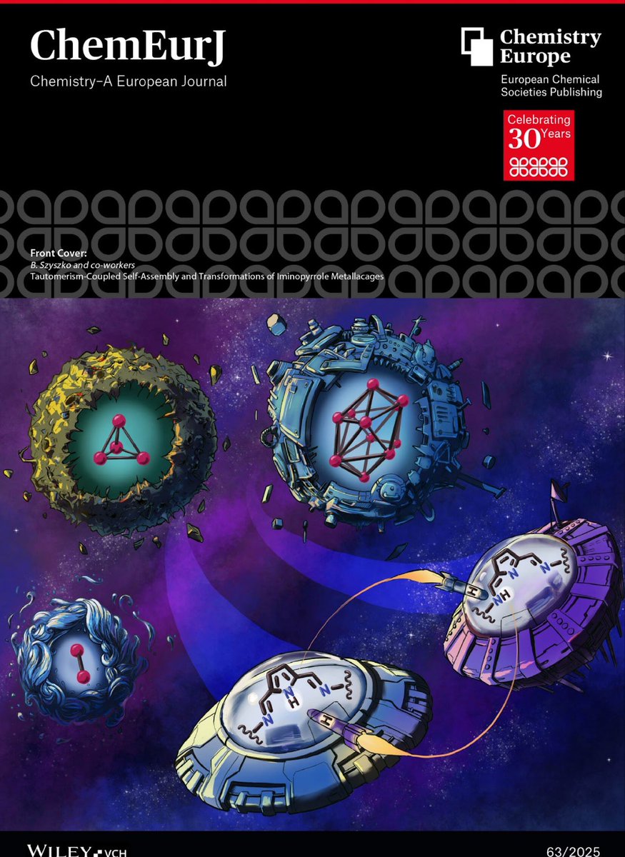Many thanks to <a href="/ChemEurope/">Chemistry Europe</a> for featuring our work on tautomerism in iminopyrrole-based cages, funded by <a href="/NCN_PL/">Narodowe Centrum Nauki</a>, on the cover! May the force be with you 🛸🚀 …mistry-europe.onlinelibrary.wiley.com/doi/10.1002/ch…