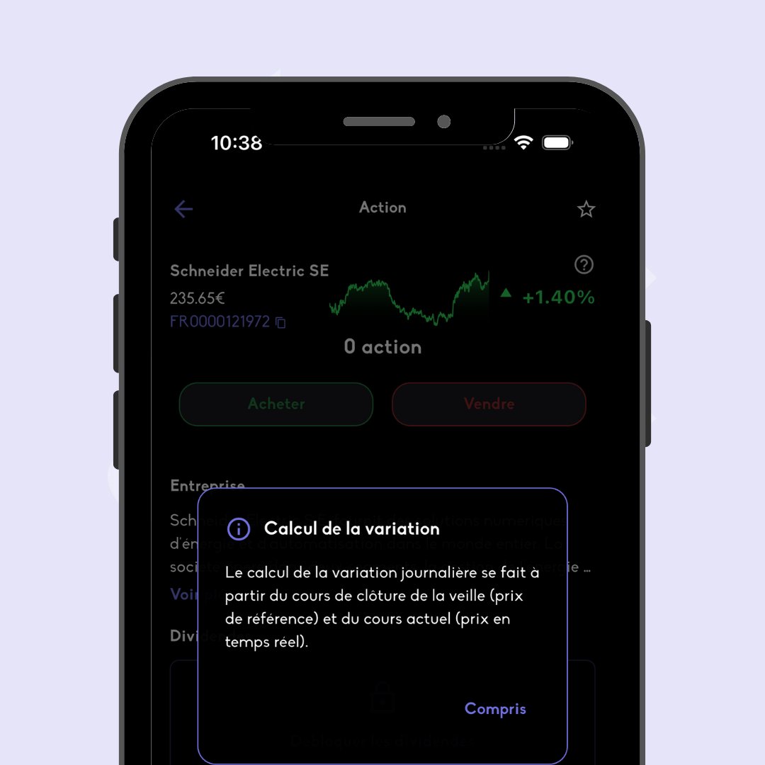 Budjeo_app's tweet image. 💡 NOUVEAU dans Budjeo : 
On t&apos;explique enfin les variations boursières  Appuie sur &quot;?&quot; 
Comprends comment c&apos;est calculé  
Variation = Cours actuel - Cours de clôture d&apos;hier  
Ex : 100€ hier → 105€ aujourd&apos;hui = +5% ✅ 
 #Budjeo #Bourse #ÉducationFinancière