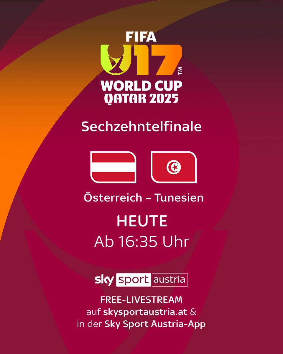 SkySportAustria's tweet image. Das @oefb1904-U17-Nationalteam spielt heute um den Einzug ins Achtelfinale der WM! 🇦🇹 ⚽

📺 Das Sechzehntelfinale gegen Tunesien ab 16:35 Uhr live auf Sky Sport Austria 1 sowie im Livestream auf skysportaustria.at &amp;amp; in der Sky Sport Austria App! #ÖFB #U17 #WM #U17WC #AUTTUN