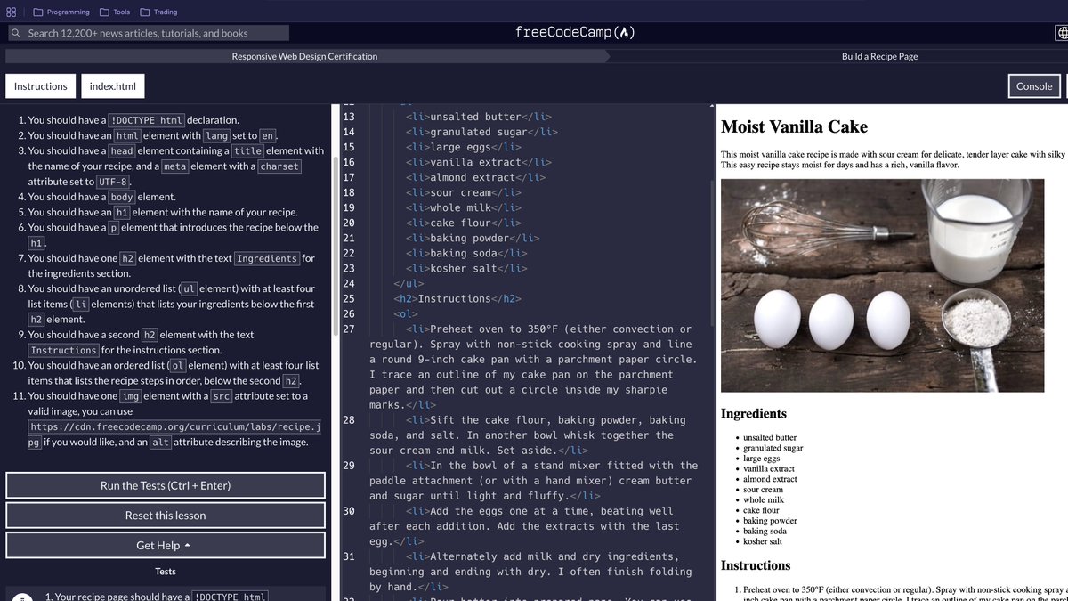 virag_codes's tweet image. I had a little time today to work on the Responsive Web Design course from #freecodecamp

Built a very simple recipe page, it was relaxing and nostalgic.

This lesson is great for beginners learning HTML as it teaches how to use some of the main HTML elements.