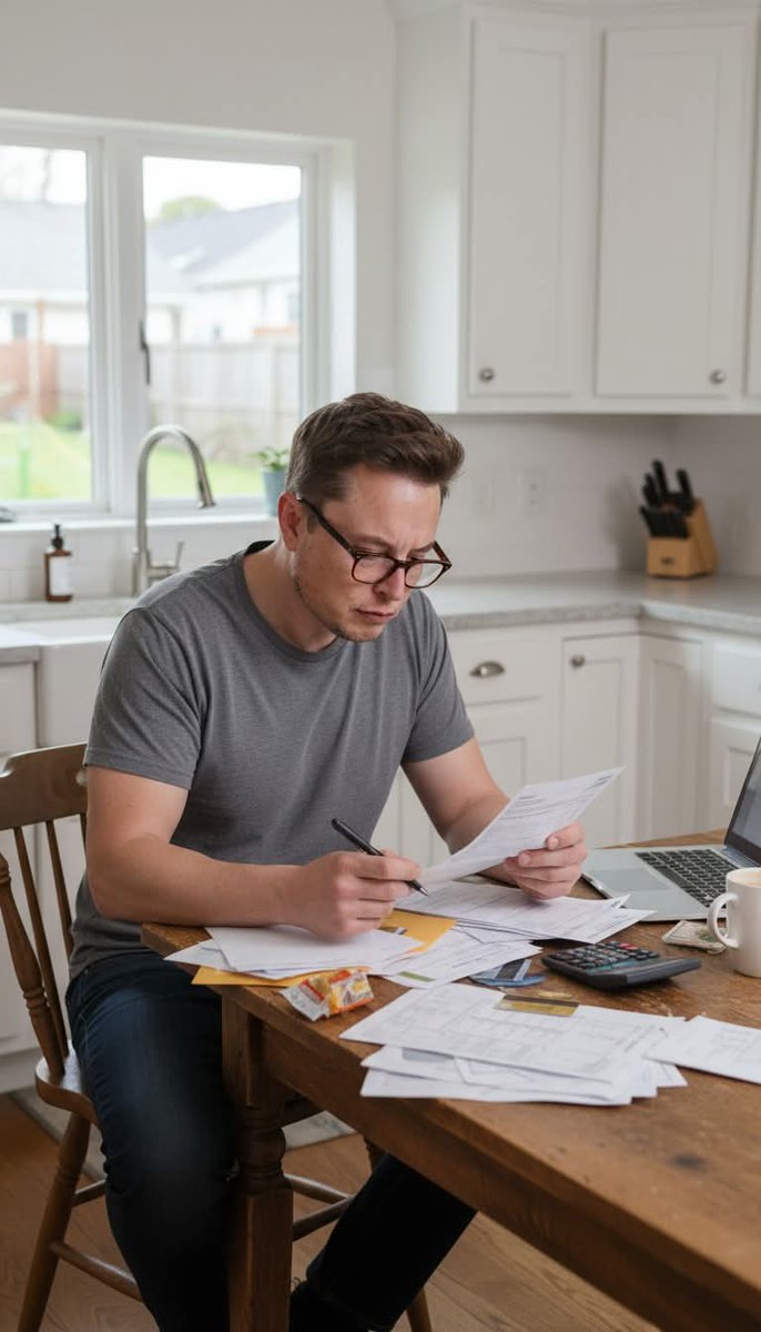 Elon Musk sorting bills at the kitchen table with a cup of coffee

Say hi 👋 to him