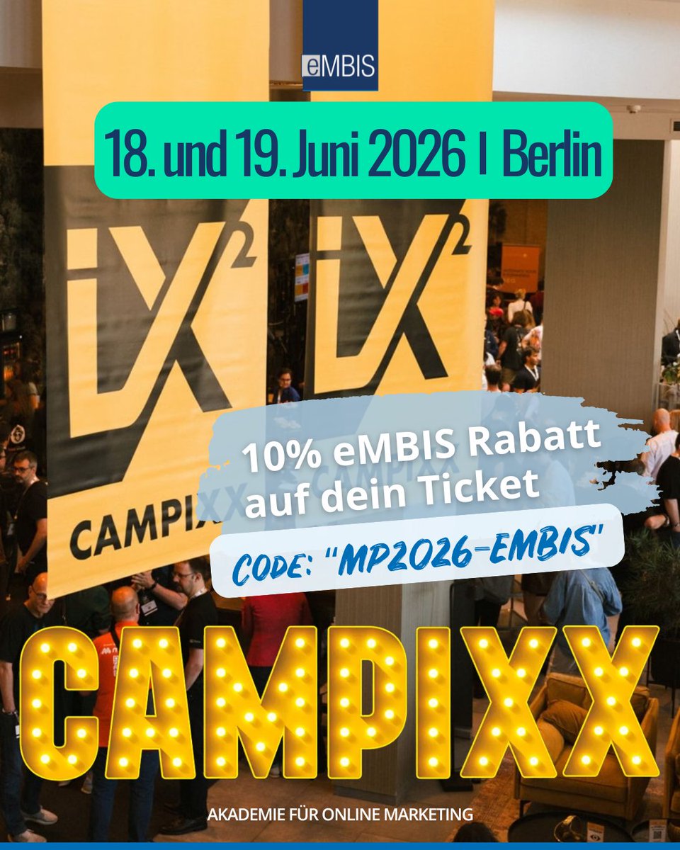 🔥Rabatt für die CAMPIXX 2026🔥Am 18. &amp; 19.06 2026 trifft sich die #MarketingCommunity bei der CAMPIXX in Berlin &amp; du kannst mit 10 % eMBIS-Rabatt dabei sein!🎟️ Code: MP2026-EMBIS📍 Berlin. 👉Mehr Infos gibt’s hier: embis.de/campus/rabatt-… #campixx #netzwerken #eventtipp #eMBIS